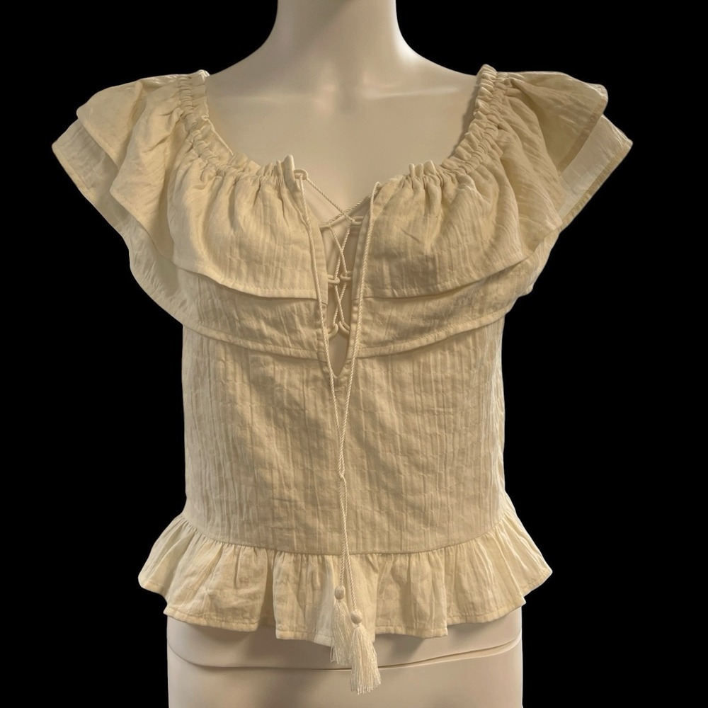 Express Y2K Top Ivory Ruffle Lace Up Cropped Tassel Size M Coquette Boho Western